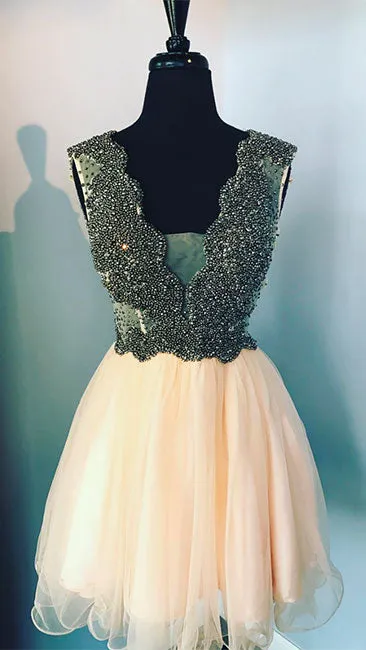 Cute v neck champagne tulle beads short prom dress, homecoming dress