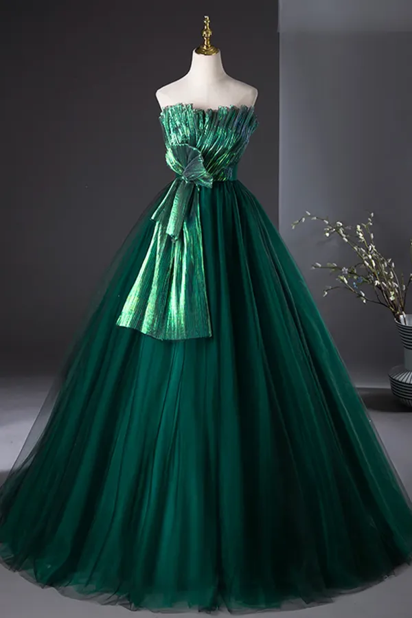 Dark Green Strapless Tulle Long Prom Dress, Beautiful A Line Formal Evening Dress APP0960