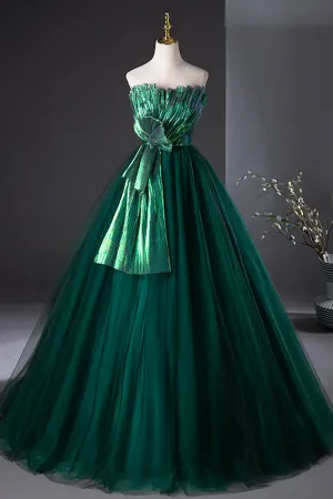 Dark Green Strapless Tulle Long Prom Dress, Beautiful A Line Formal Evening Dress APP0960