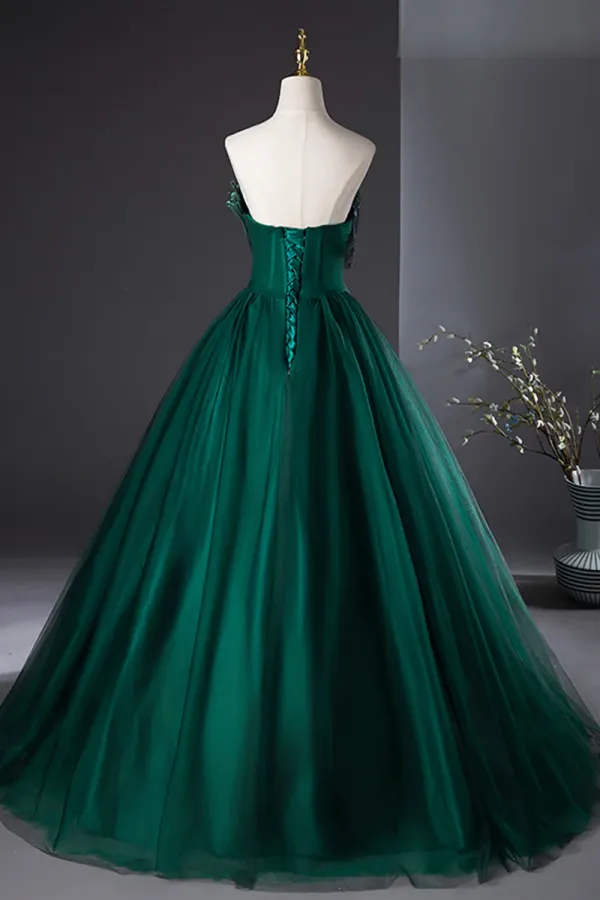 Dark Green Strapless Tulle Long Prom Dress, Beautiful A Line Formal Evening Dress APP0960