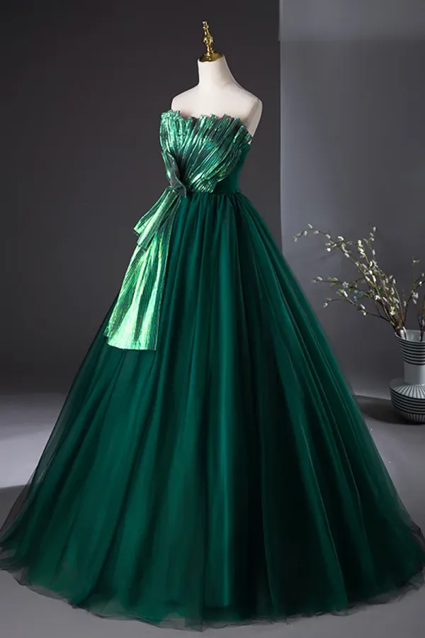 Dark Green Strapless Tulle Long Prom Dress, Beautiful A Line Formal Evening Dress APP0960