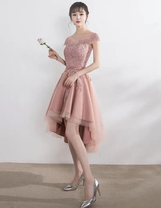 Dark Pink High Low Tulle with Applique, Lovely Party Dress, Formal Gowns