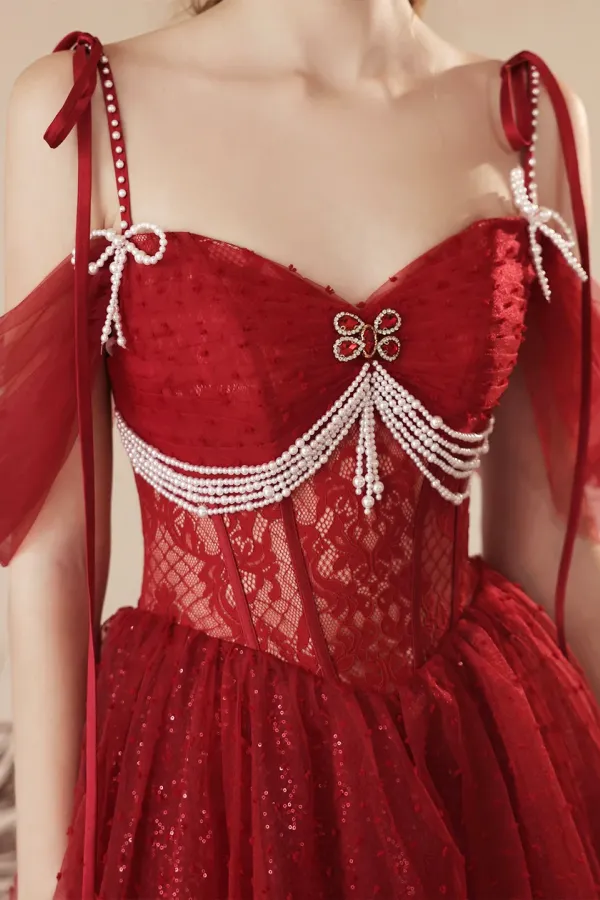 Dark Red Tulle Beaded Long Prom Dress, Beautiful Off the Shoulder Evening Party Dress APP0932