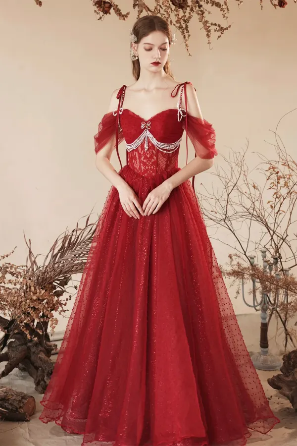 Dark Red Tulle Beaded Long Prom Dress, Beautiful Off the Shoulder Evening Party Dress APP0932