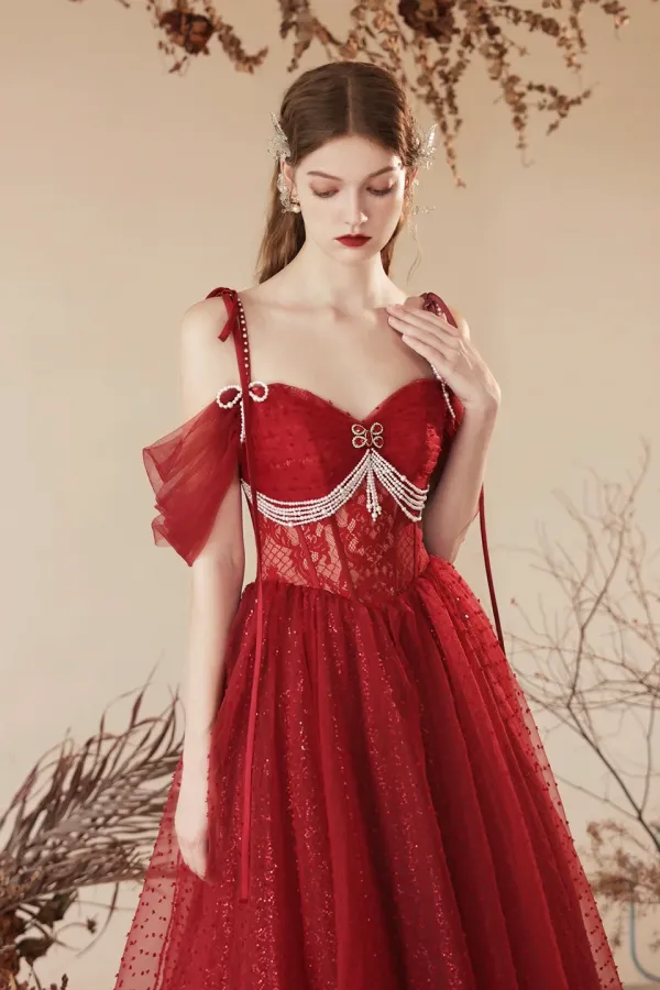 Dark Red Tulle Beaded Long Prom Dress, Beautiful Off the Shoulder Evening Party Dress APP0932