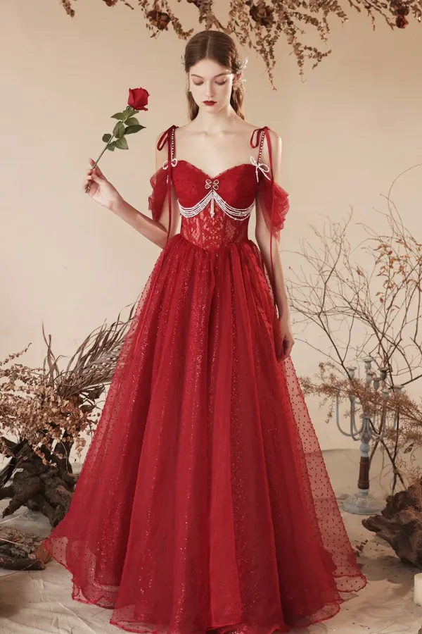 Dark Red Tulle Beaded Long Prom Dress, Beautiful Off the Shoulder Evening Party Dress APP0932