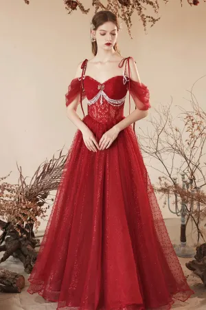 Dark Red Tulle Beaded Long Prom Dress, Beautiful Off the Shoulder Evening Party Dress APP0932