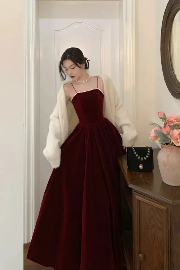 Dark Red Velvet Straps Long Evening Dress, Dark Red Velvet Prom Dress APP0897