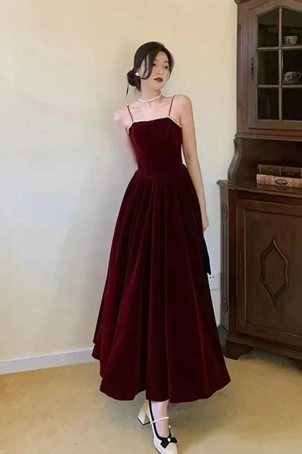Dark Red Velvet Straps Long Evening Dress, Dark Red Velvet Prom Dress APP0897