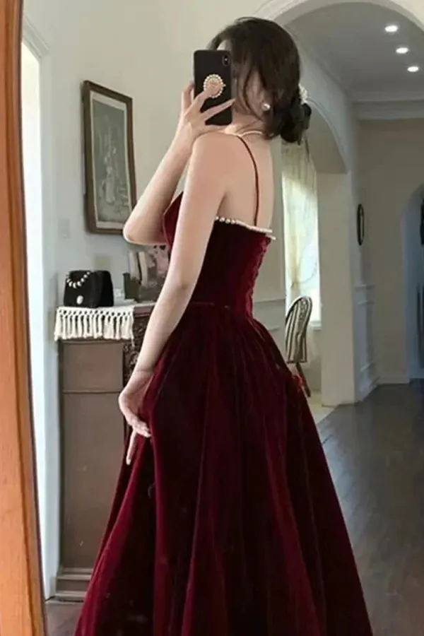 Dark Red Velvet Straps Long Evening Dress, Dark Red Velvet Prom Dress APP0897