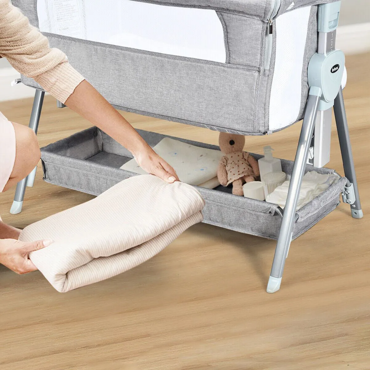 Deluxe Next-to-Me Baby Crib | Linen with Breathable Mesh | 7 Adjustable Heights | Wheels | 0-12m