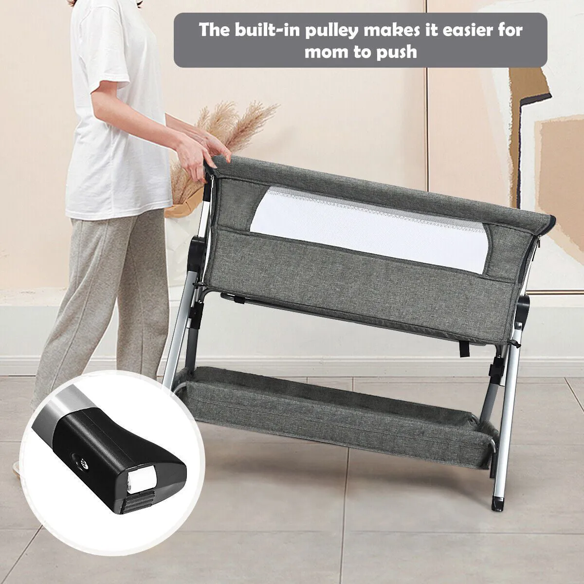 Deluxe Next-to-Me Baby Crib | Linen with Breathable Mesh | 7 Adjustable Heights | Wheels | 0-12m