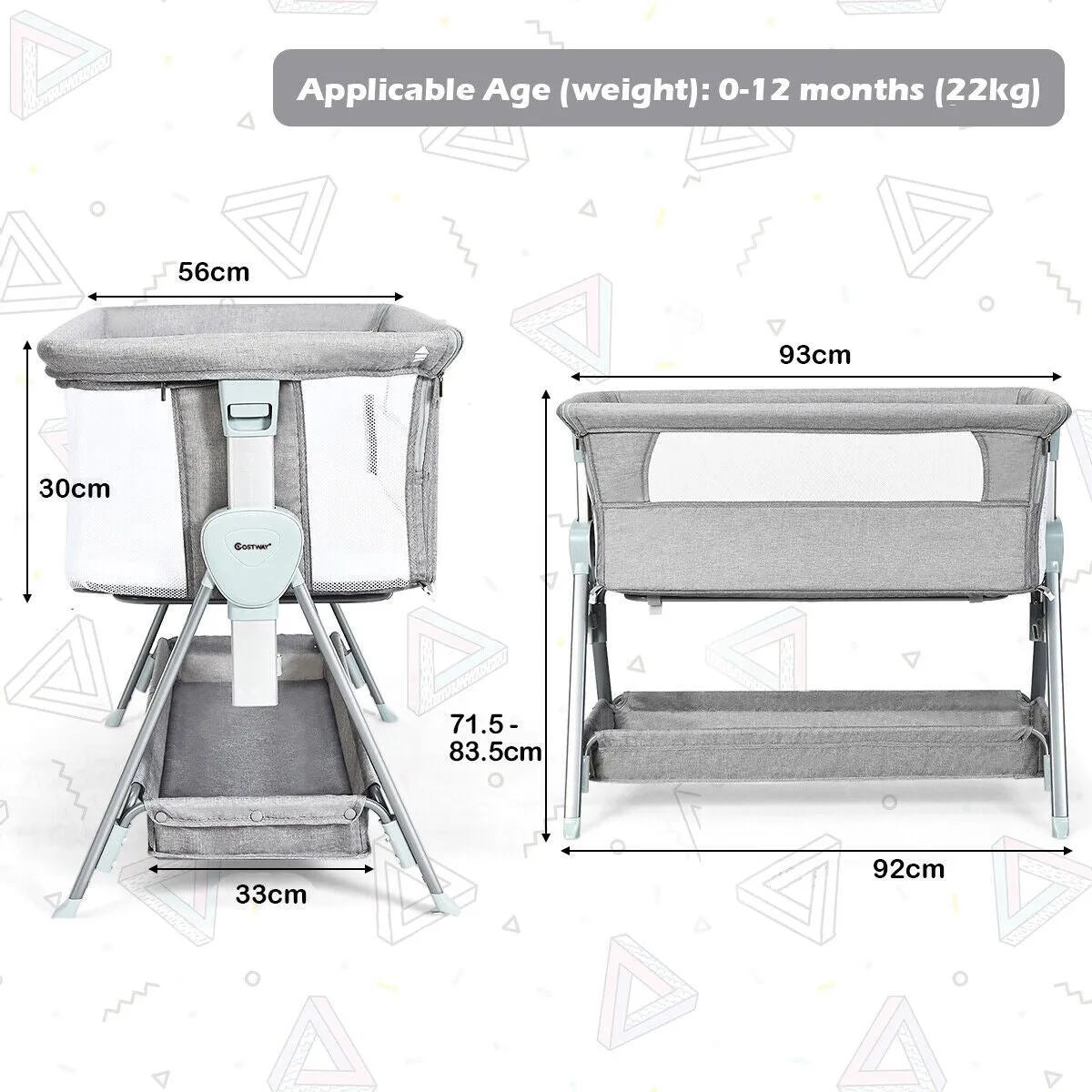 Deluxe Next-to-Me Baby Crib | Linen with Breathable Mesh | 7 Adjustable Heights | Wheels | 0-12m