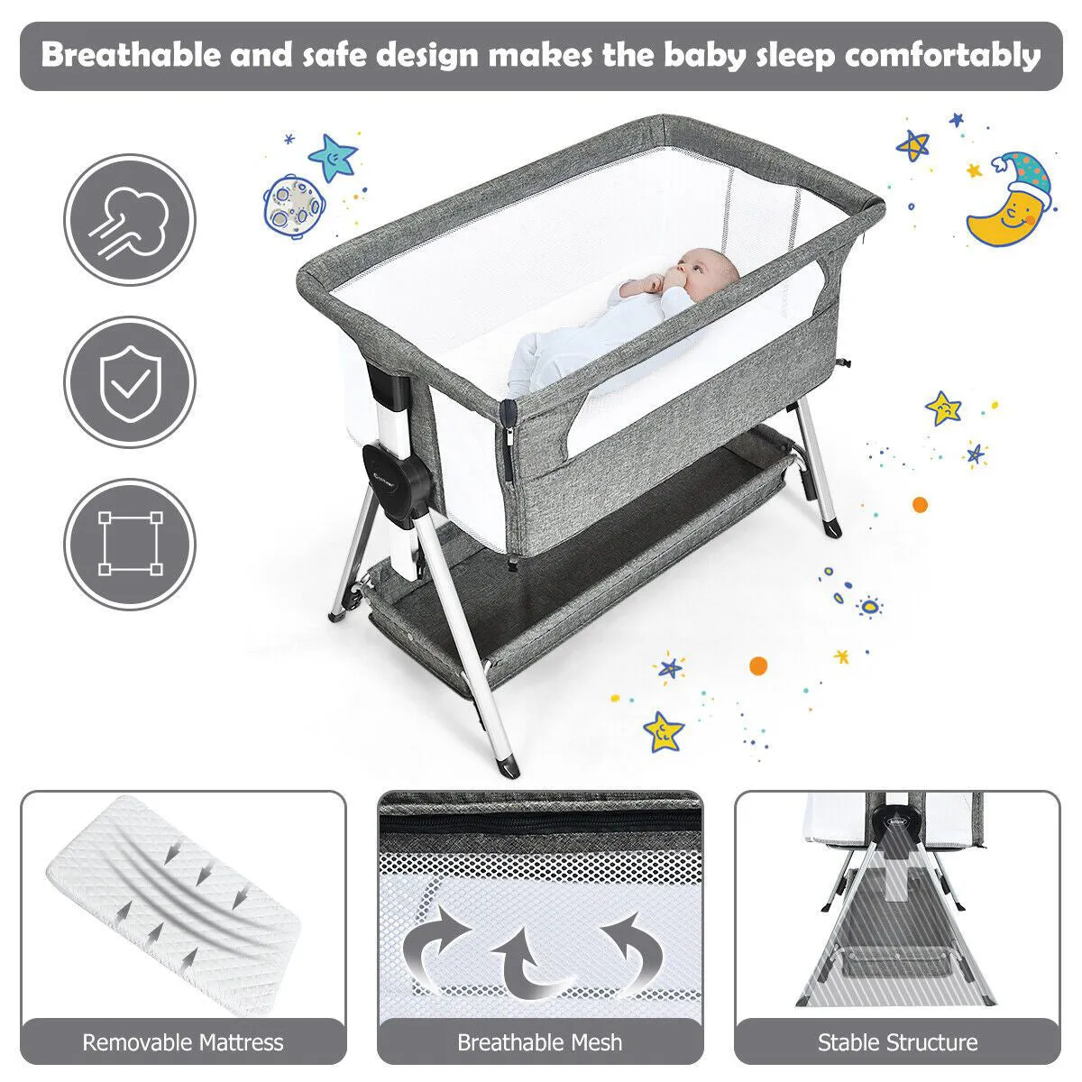 Deluxe Next-to-Me Baby Crib | Linen with Breathable Mesh | 7 Adjustable Heights | Wheels | 0-12m