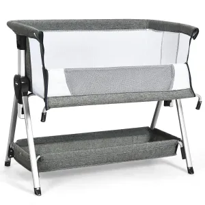 Deluxe Next-to-Me Baby Crib | Linen with Breathable Mesh | 7 Adjustable Heights | Wheels | 0-12m