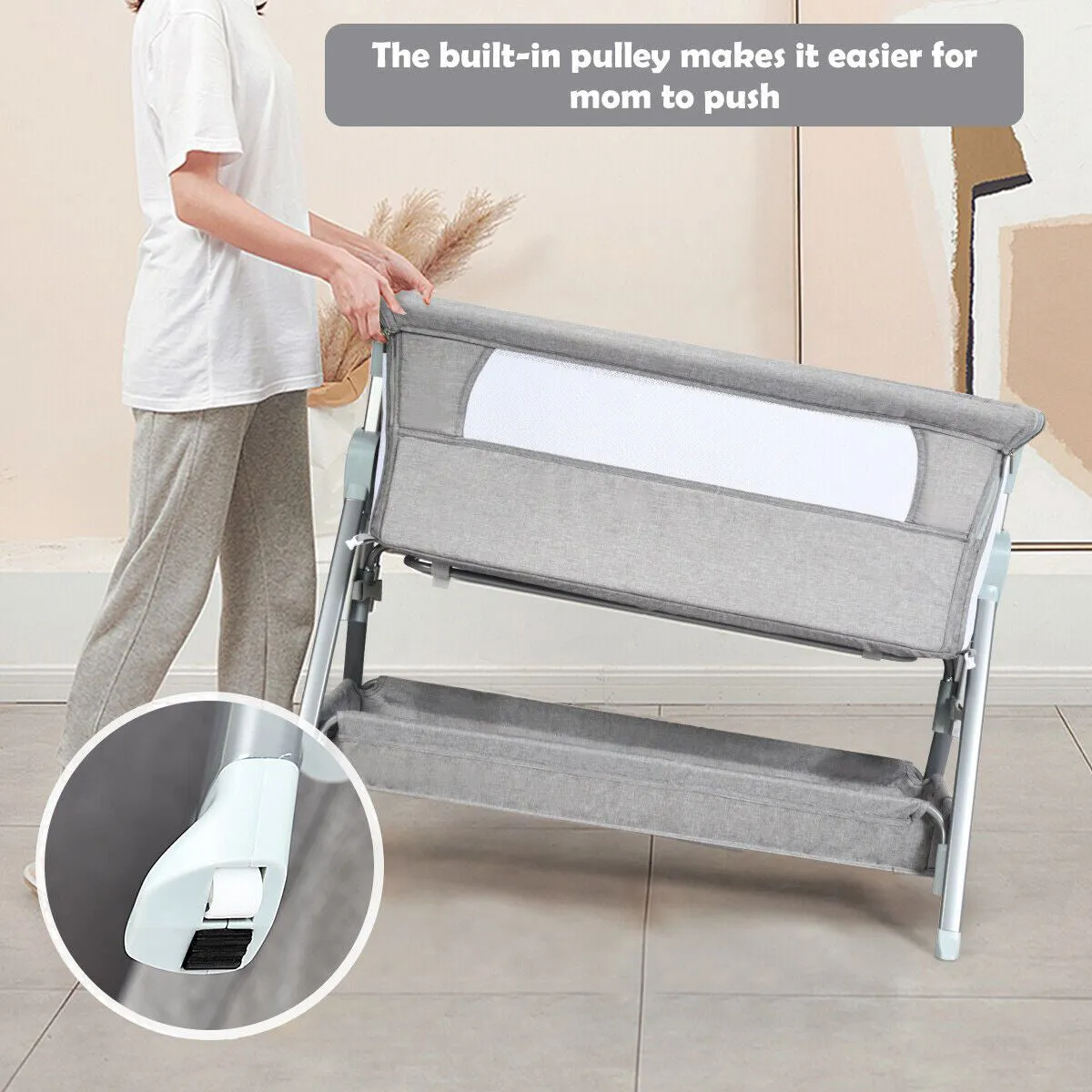 Deluxe Next-to-Me Baby Crib | Linen with Breathable Mesh | 7 Adjustable Heights | Wheels | 0-12m