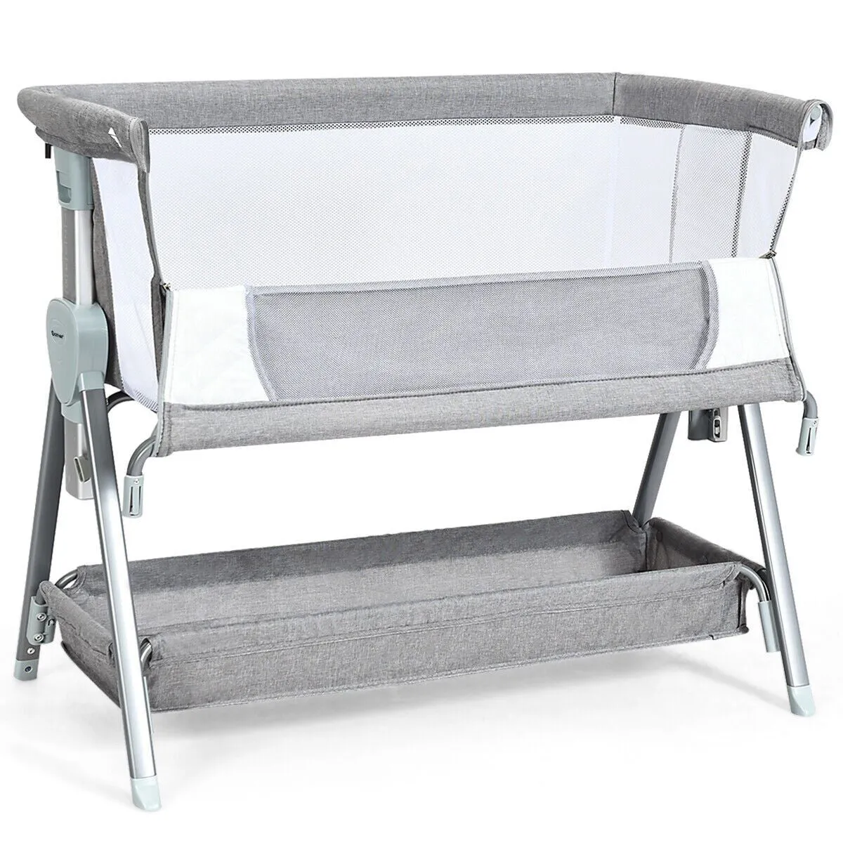 Deluxe Next-to-Me Baby Crib | Linen with Breathable Mesh | 7 Adjustable Heights | Wheels | 0-12m