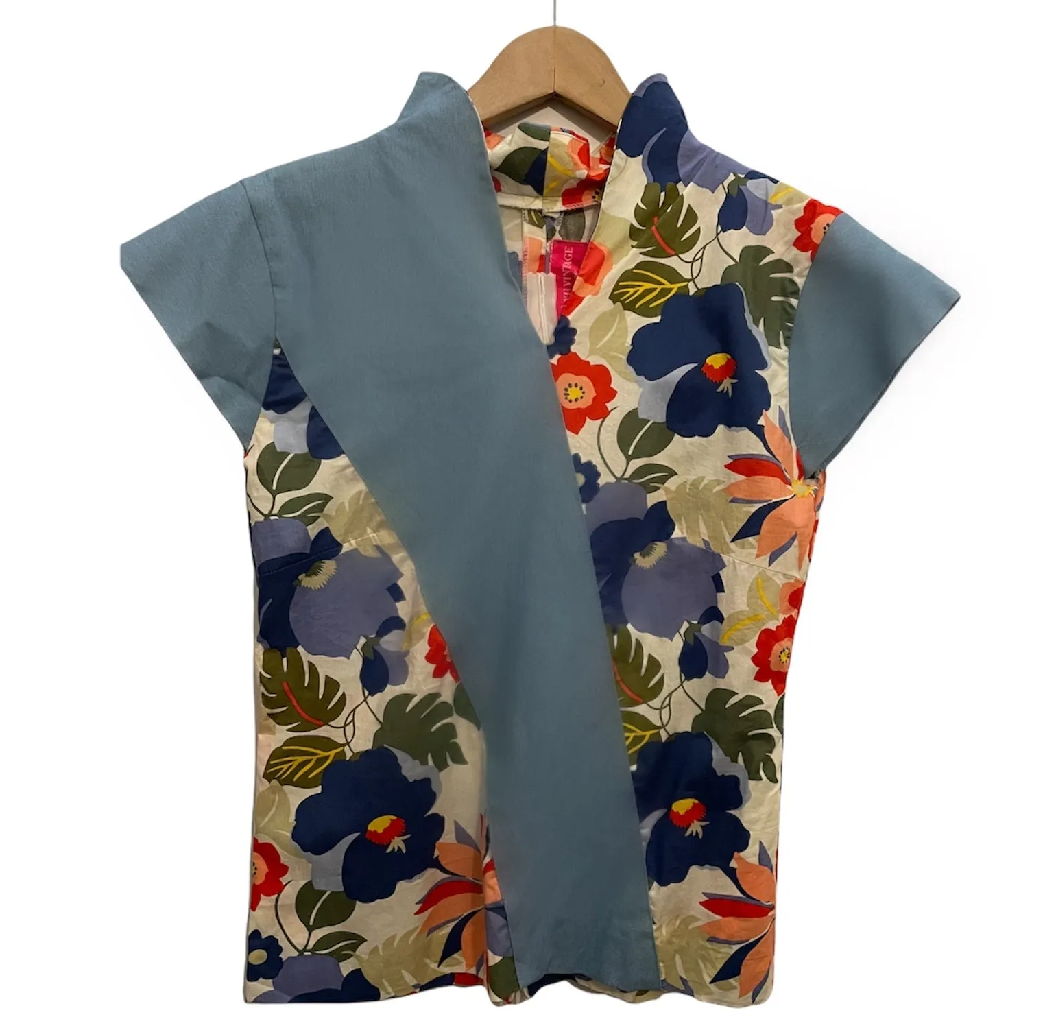 DENIM SLASH MODERN CHEONGSAM 2-WAY COLLAR COTTON TOP