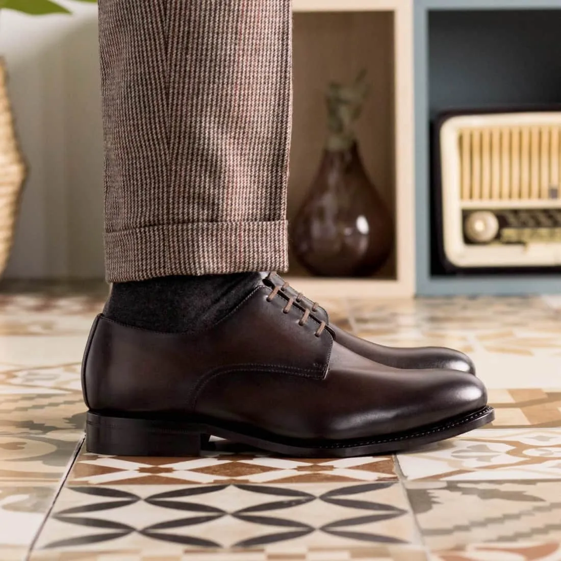 Derbie Blucher en cuir patiné marron foncé