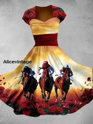 Derby Art Print Short Sleeve Vintage Dress Derby Dress