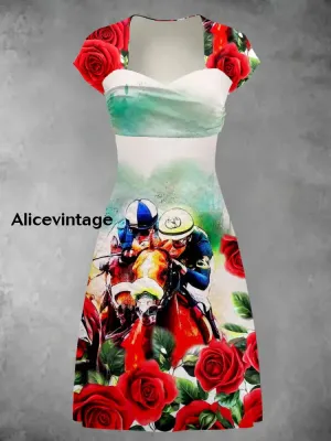 Derby Art Print Short Sleeve Vintage Midi Dress Derby Dress