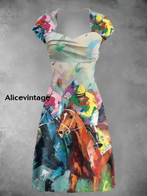 Derby Art Print Short Sleeve Vintage Midi Dress Derby Dress