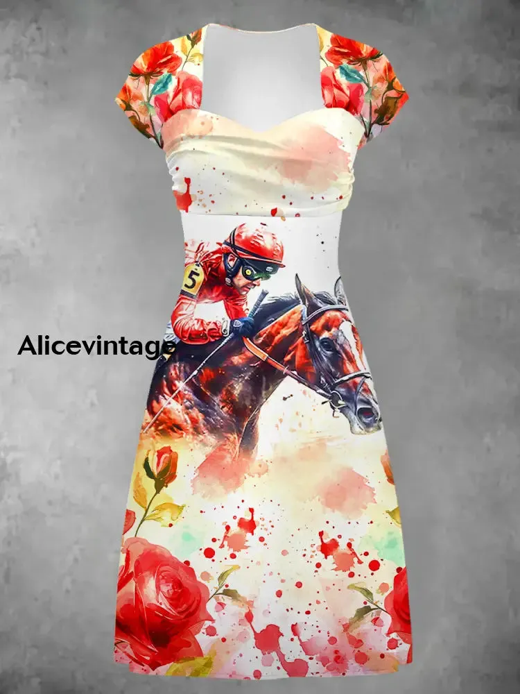 Derby Art Print Short Sleeve Vintage Midi Dress Derby Dress
