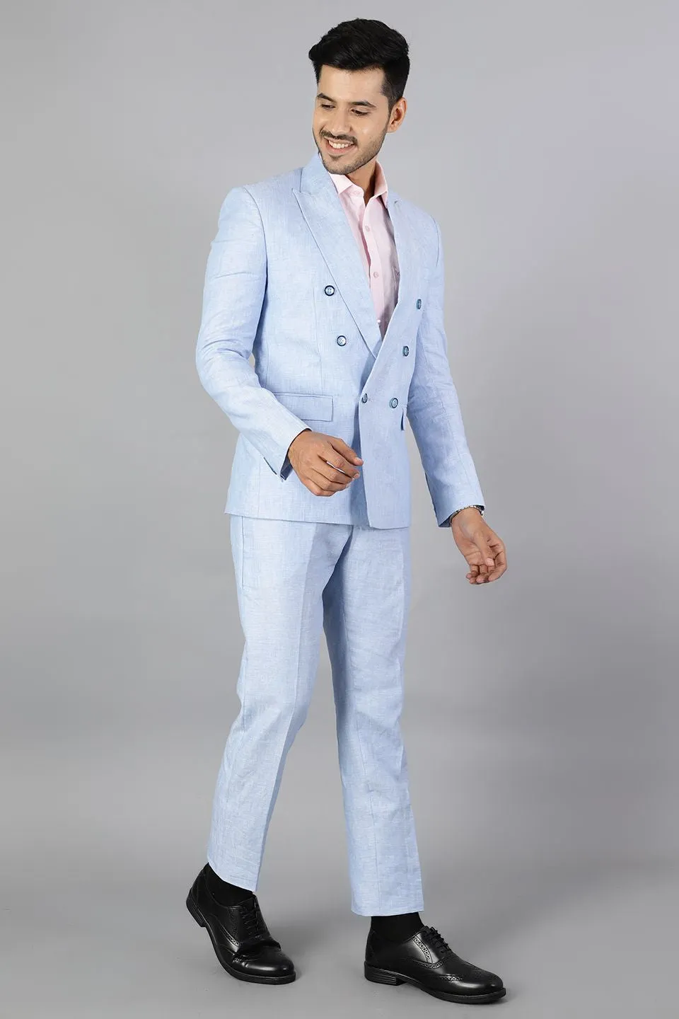 Double-Breasted Linen Sky Blue  Suit