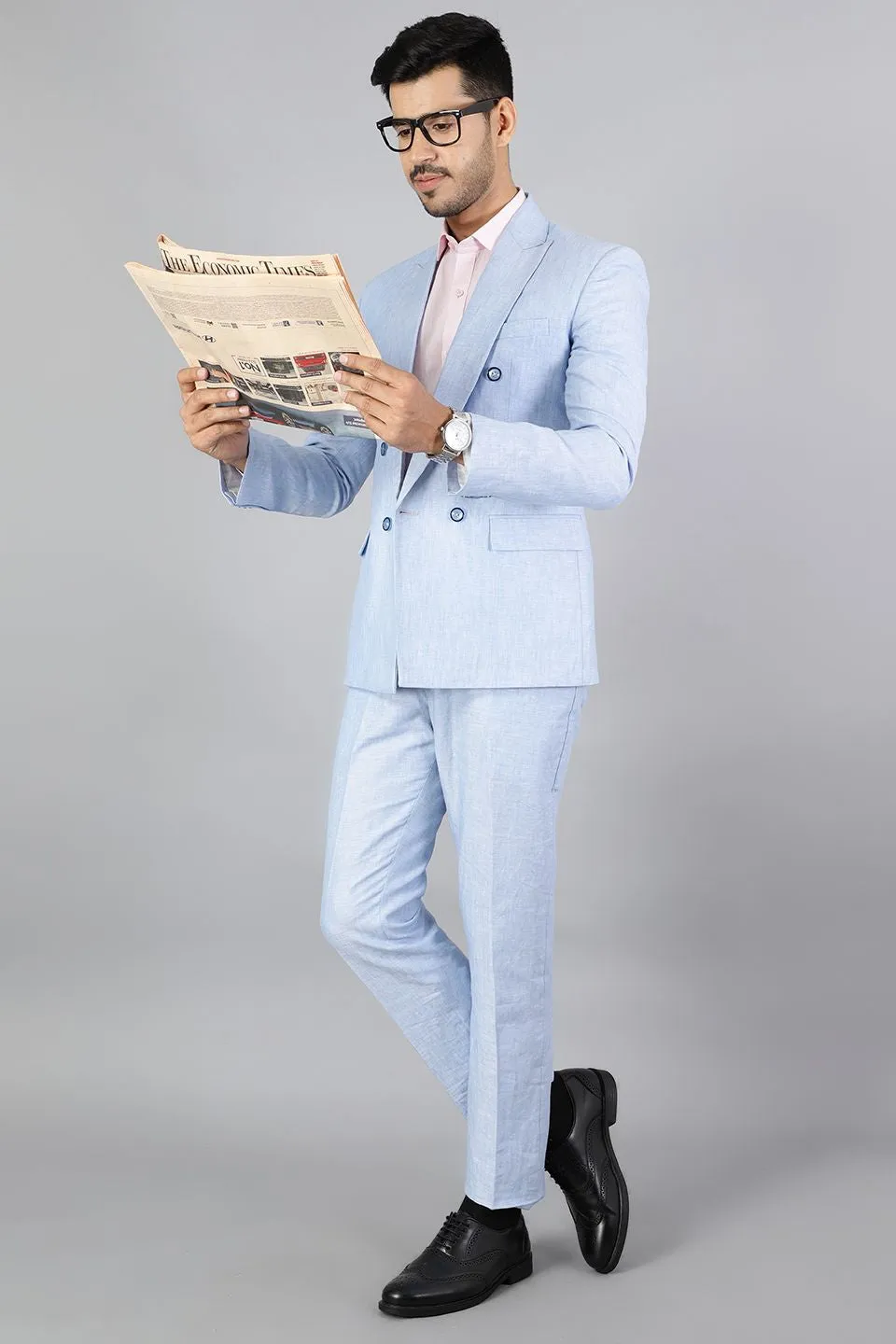 Double-Breasted Linen Sky Blue  Suit