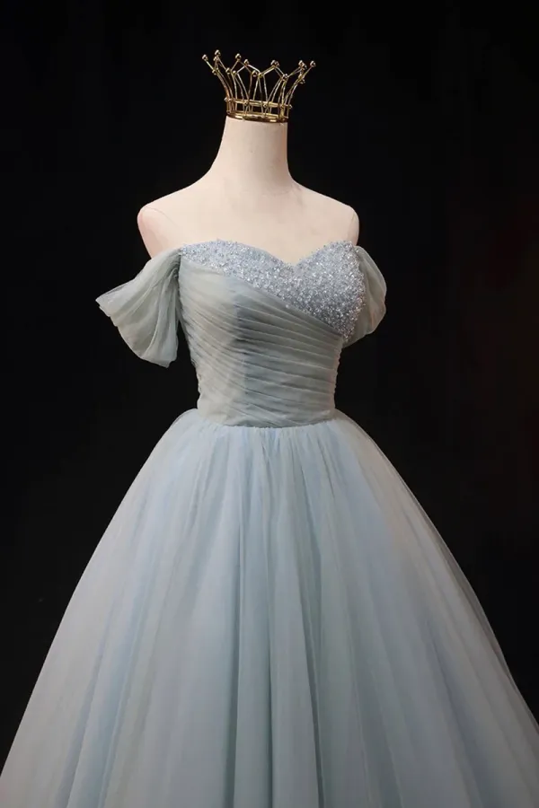 Dusty Blue Tulle Beaded Floor Length Formal Dress, Off the Shoulder A Line Evening Party Dress APP0846