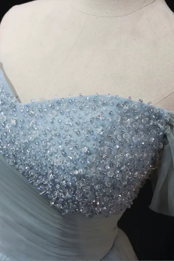 Dusty Blue Tulle Beaded Floor Length Formal Dress, Off the Shoulder A Line Evening Party Dress APP0846