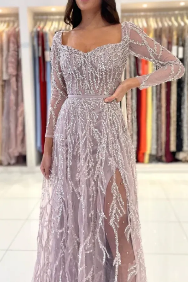 Dusty Rose 2 in 1 Square Neck A Line Prom Gown Sequins Prom Dress with Long Sleeves APP0702
