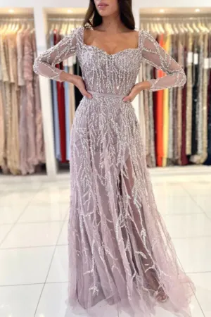 Dusty Rose 2 in 1 Square Neck A Line Prom Gown Sequins Prom Dress with Long Sleeves APP0702