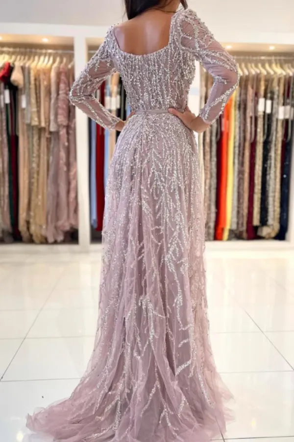 Dusty Rose 2 in 1 Square Neck A Line Prom Gown Sequins Prom Dress with Long Sleeves APP0702
