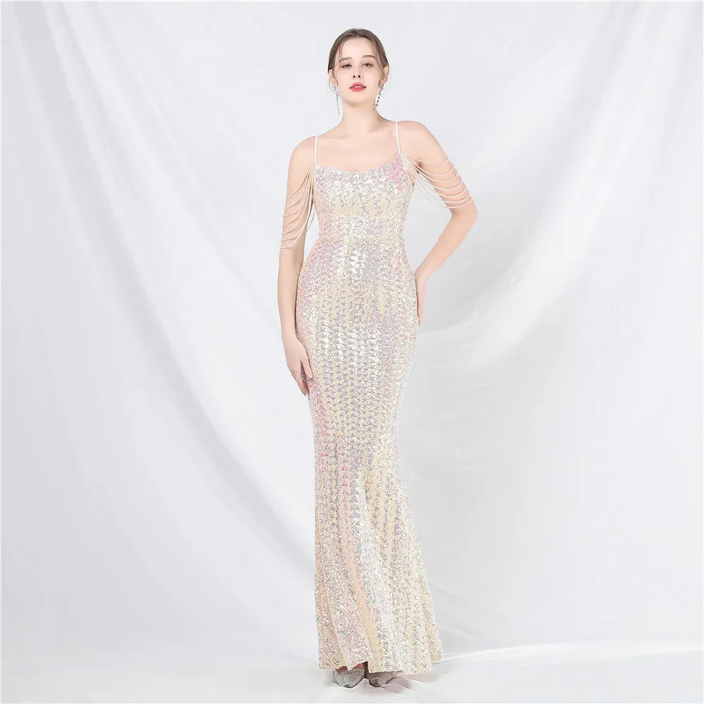 Elegant Beaded Colorful Sequin Long Evening Dress