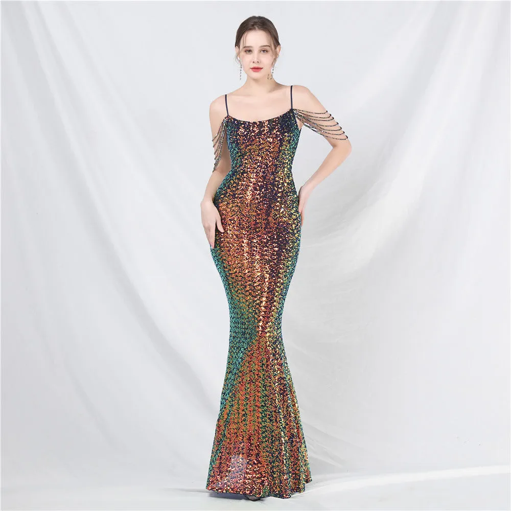 Elegant Beaded Colorful Sequin Long Evening Dress