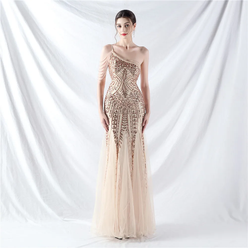 Elegant Beaded Floral Sequin Mesh Evening Dress