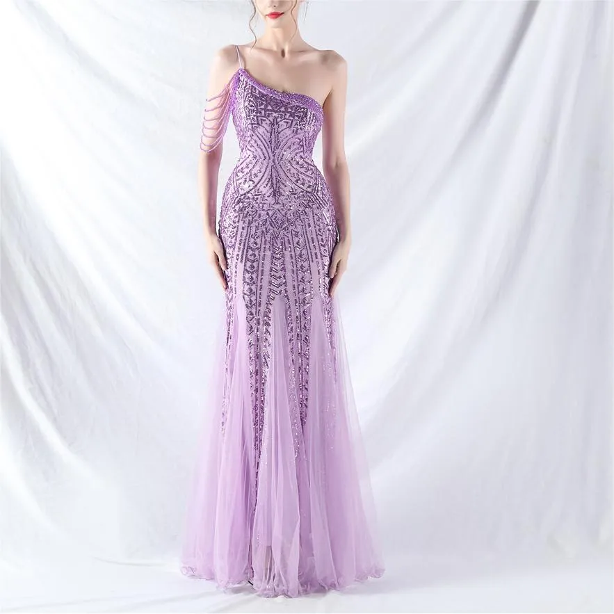 Elegant Beaded Floral Sequin Mesh Evening Dress