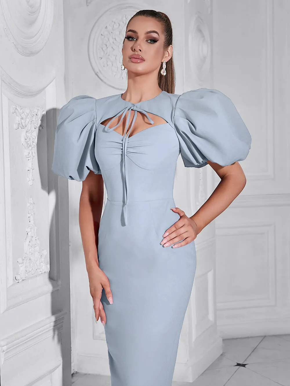 Elegant Lace up Round Neck Cutout Puff Sleeve Evening Dress