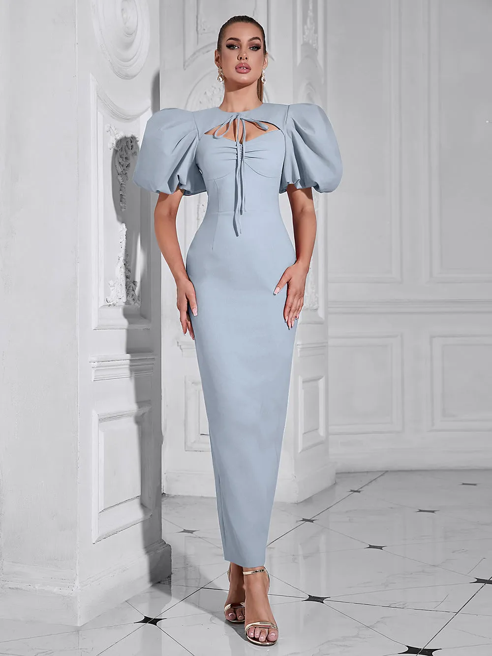 Elegant Lace up Round Neck Cutout Puff Sleeve Evening Dress