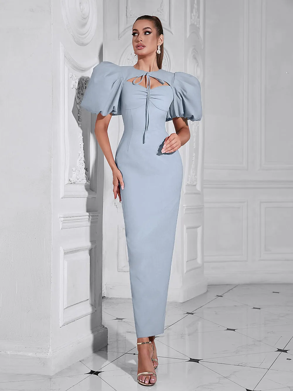 Elegant Lace up Round Neck Cutout Puff Sleeve Evening Dress