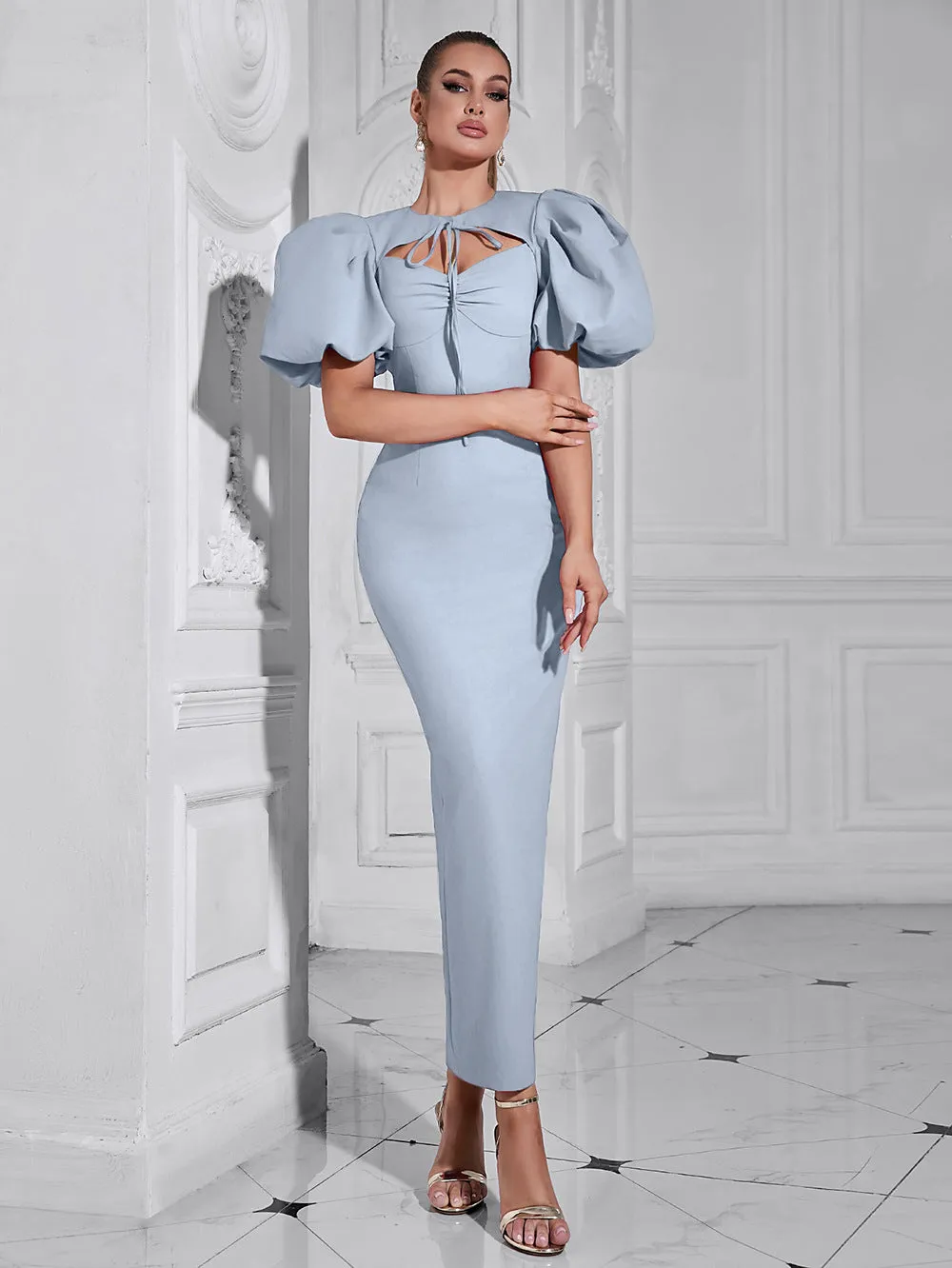 Elegant Lace up Round Neck Cutout Puff Sleeve Evening Dress