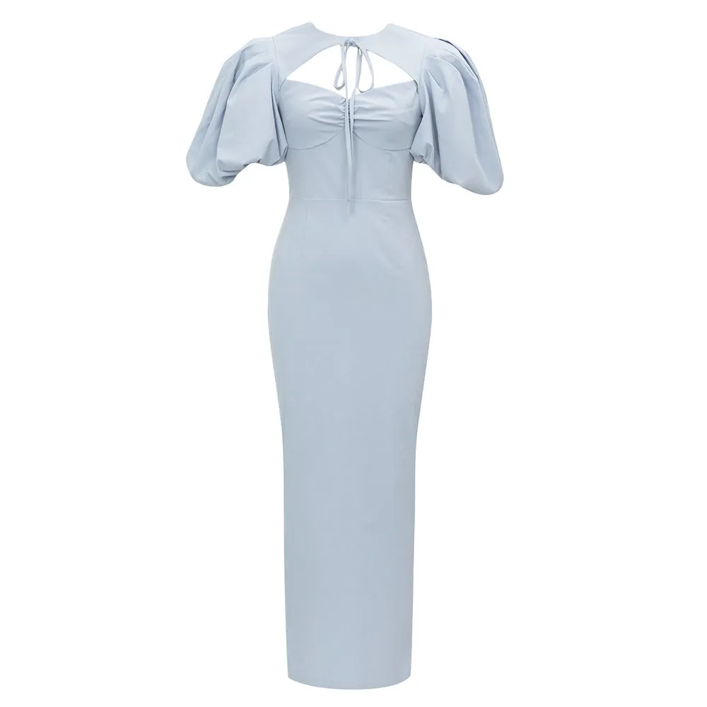 Elegant Lace up Round Neck Cutout Puff Sleeve Evening Dress