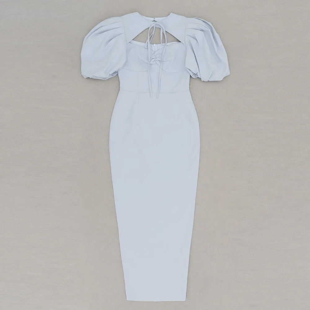 Elegant Lace up Round Neck Cutout Puff Sleeve Evening Dress