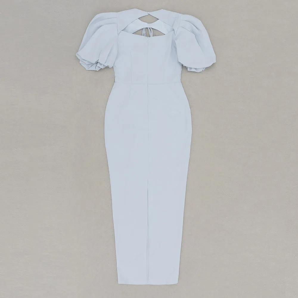 Elegant Lace up Round Neck Cutout Puff Sleeve Evening Dress