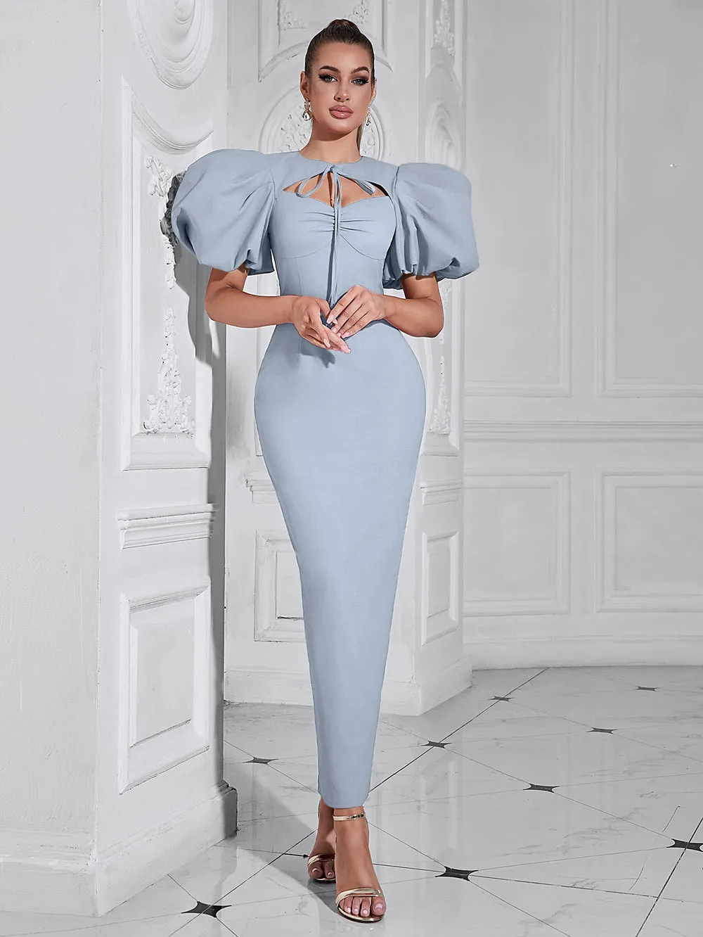Elegant Lace up Round Neck Cutout Puff Sleeve Evening Dress