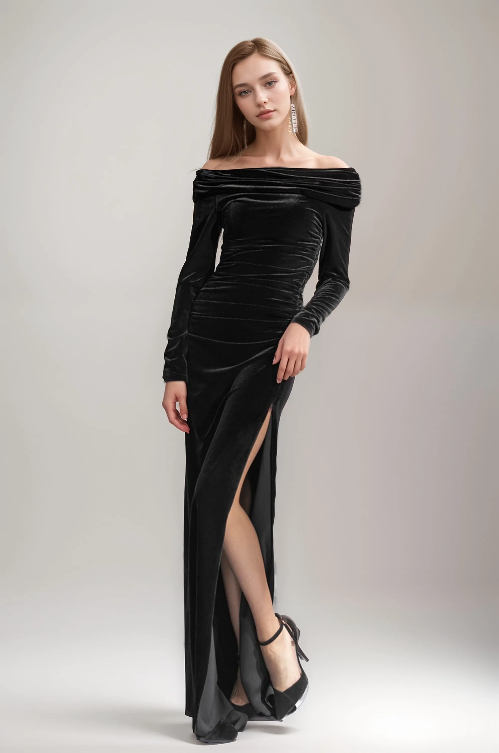 Elegant Off-the-Shoulder Velvet Sheath Dress with Side Slit