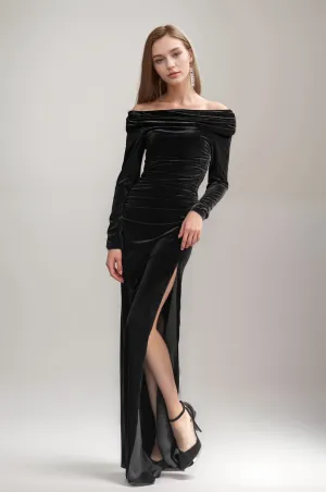 Elegant Off-the-Shoulder Velvet Sheath Dress with Side Slit