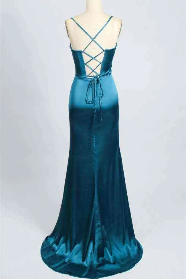 Elegant Red Straps Corset Back Long Prom Dress with Slit