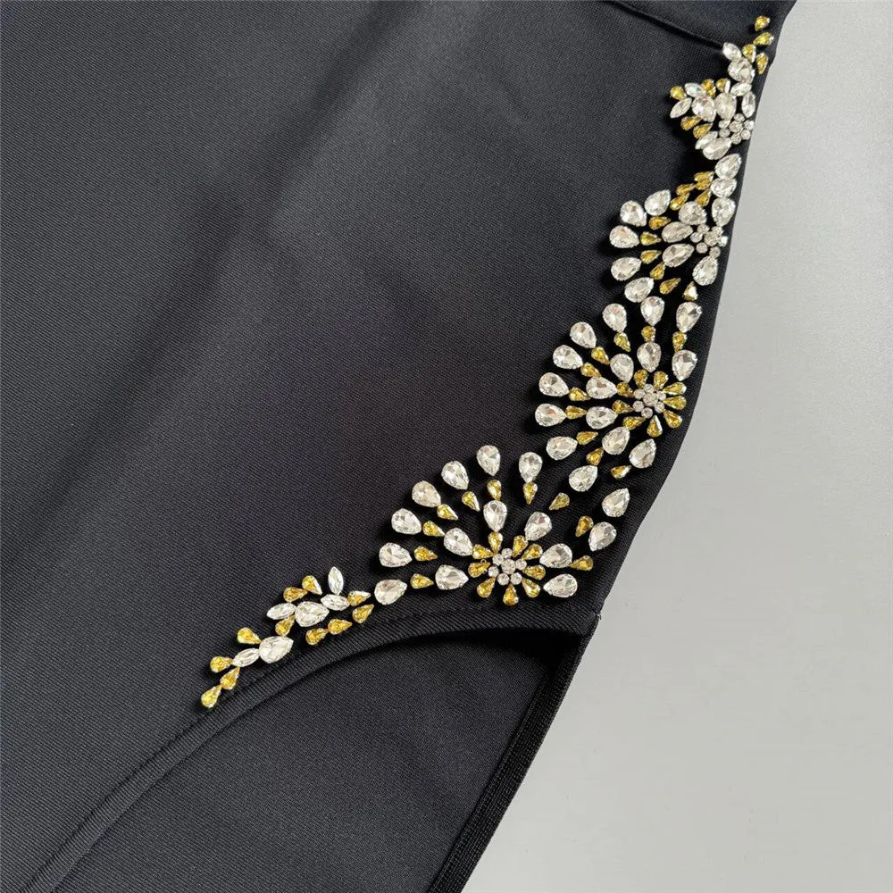 Elegant Rhinestone Color Block Evening Dress